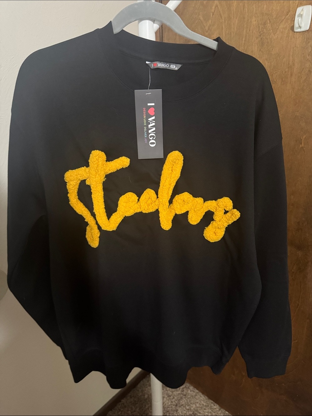 Women's Black Crewneck Sweatshirt with Yellow Chenille Script